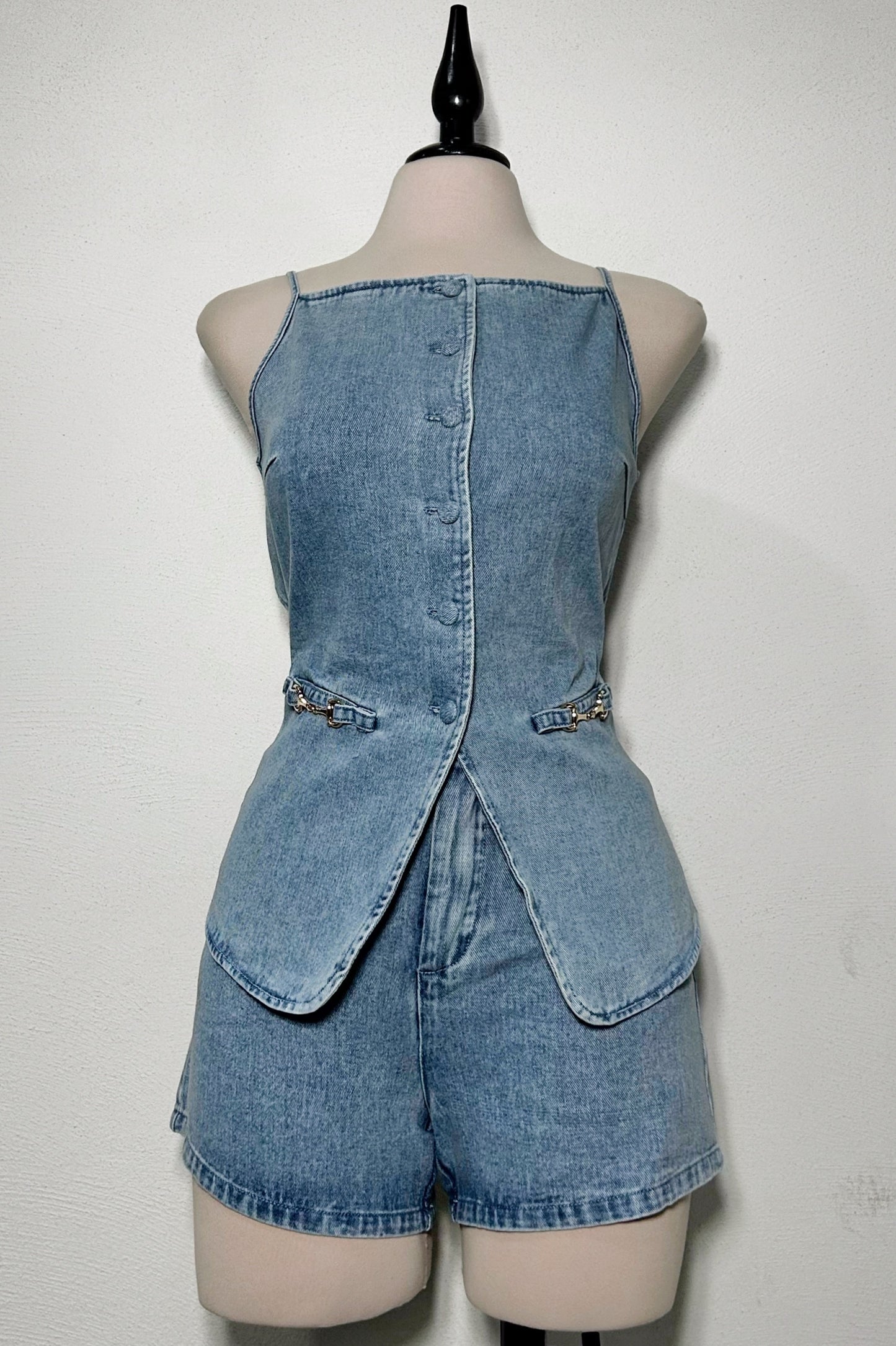 Conjunto denim chaleco backless