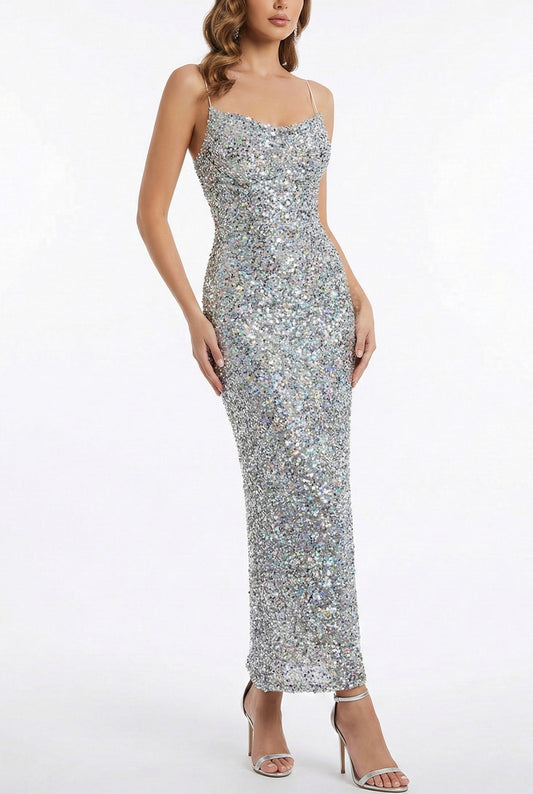 Vestido largo lentejuelas plata