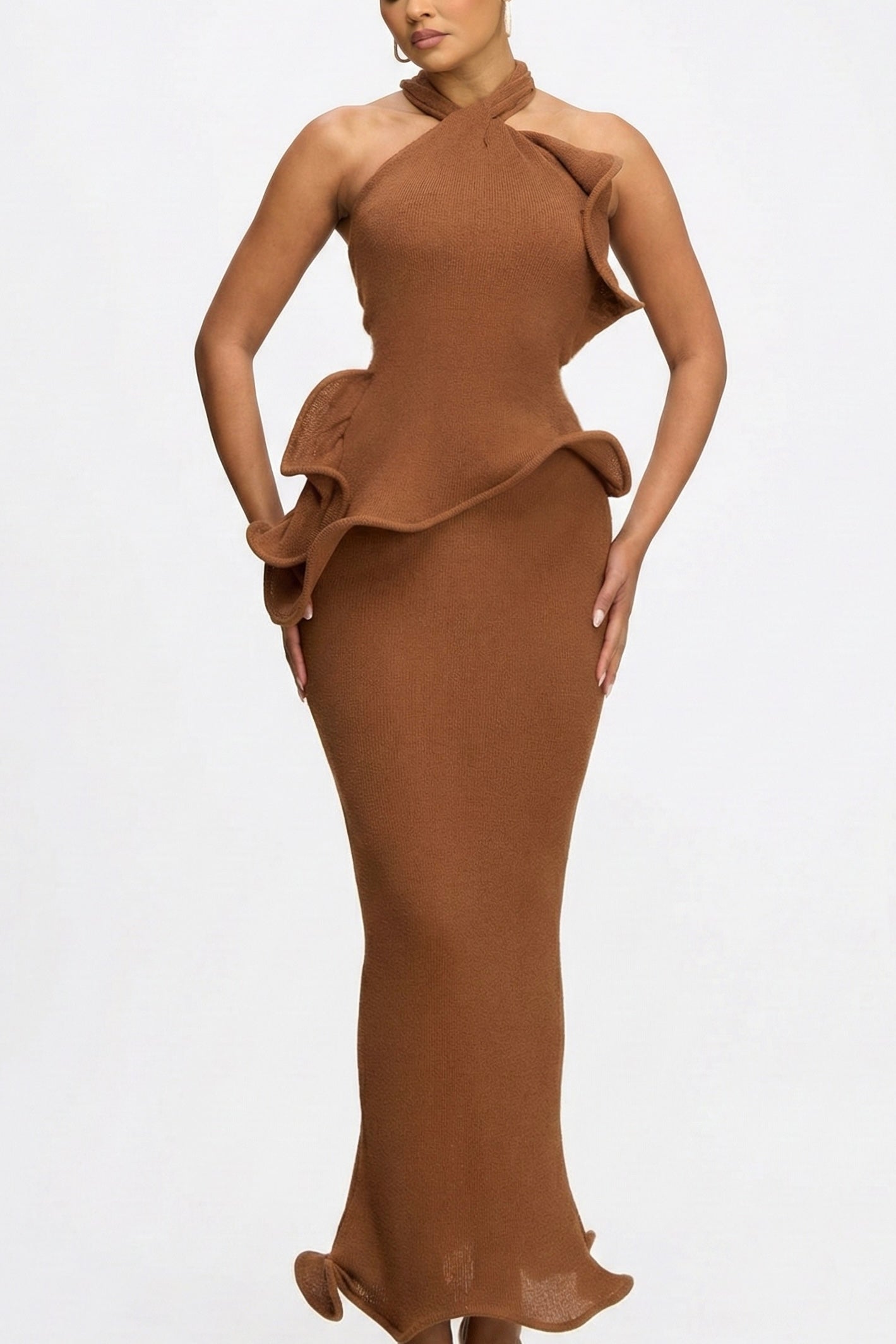 Vestido largo tejido café con holan