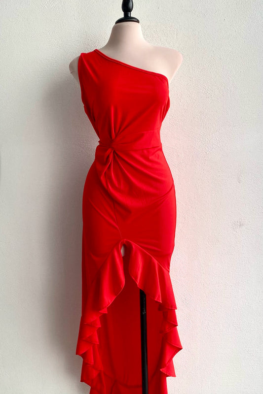 Vestido rojo un hombro con holan