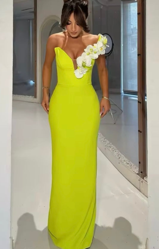 Vestido verde limón orquídeas