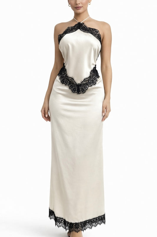 Vestido beige encaje negro