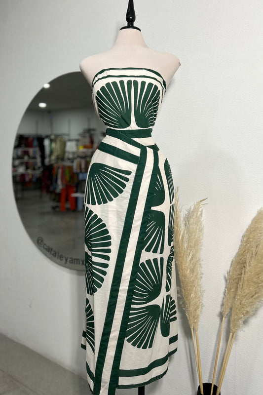 Vestido strapless hojas verdes