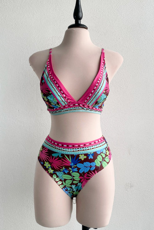 Bikini tiro alto café con rosa