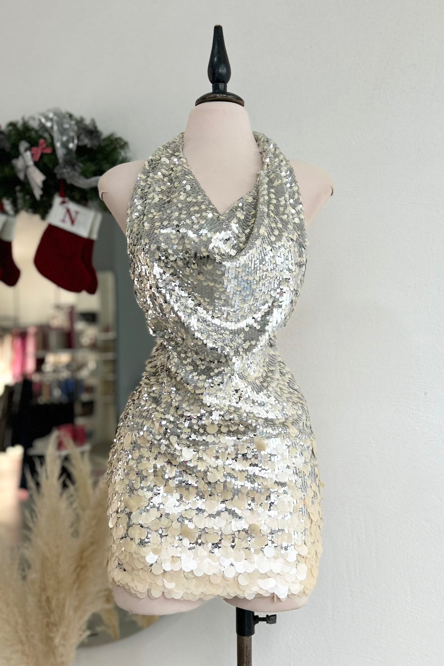 Vestido lentejuelas plata/beige