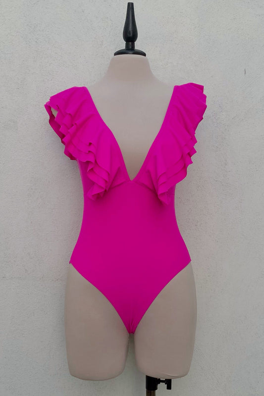 Bañador fucsia con olanes