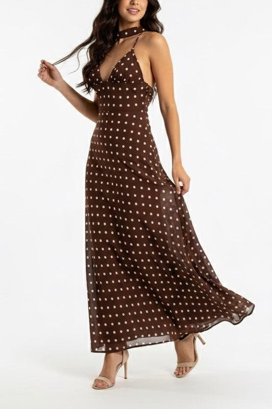 Vestido largo polka café