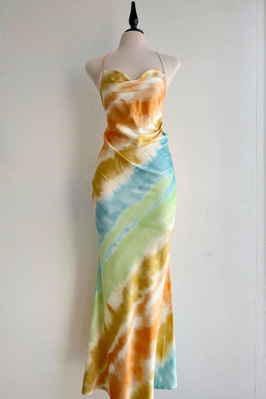 Vestido satinado naranja/azul