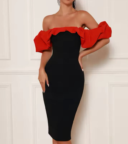 Vestido midi negro con rojo