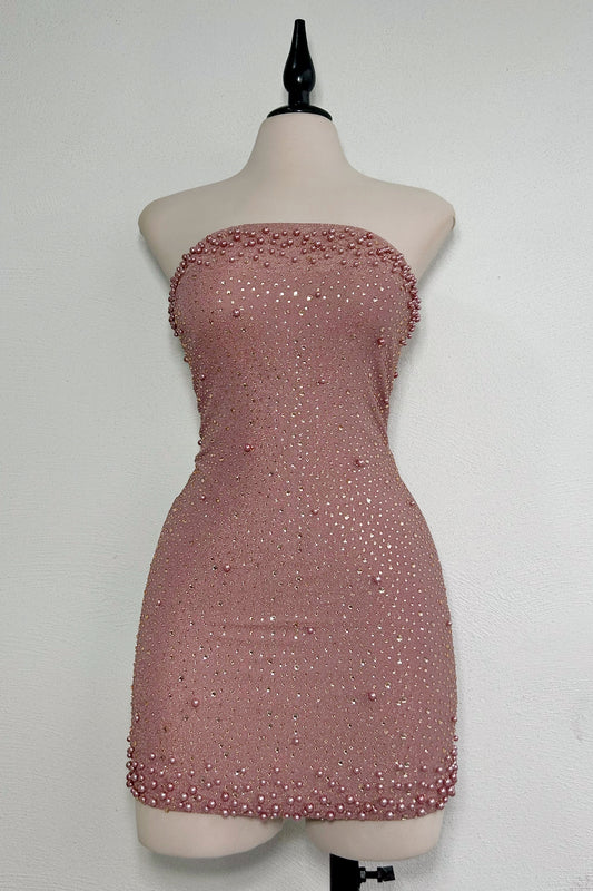 Vestido mini con perlas mauve