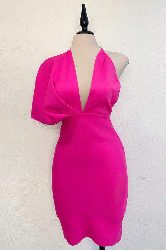 Vestido bandage una manga fucsia