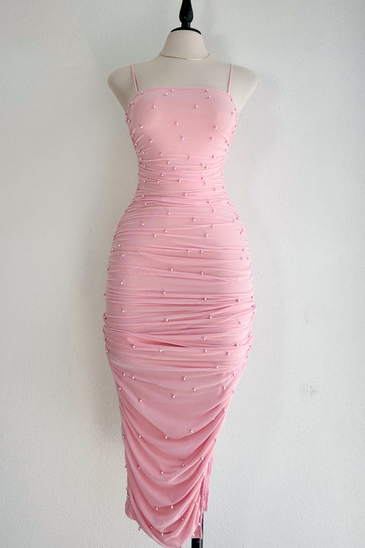 Vestido midi con perlas baby pink