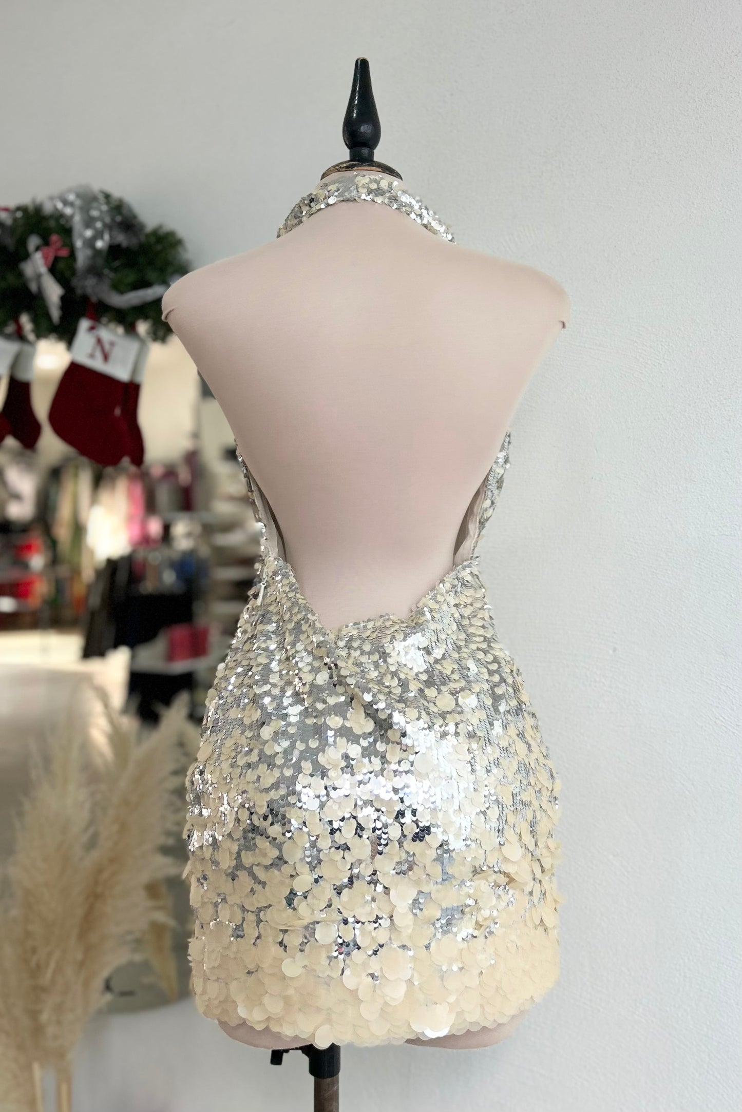 Vestido lentejuelas plata/beige